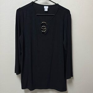 Chicos pull on triple ring top. Gold accent. Black. Sz large. Long sleeve.